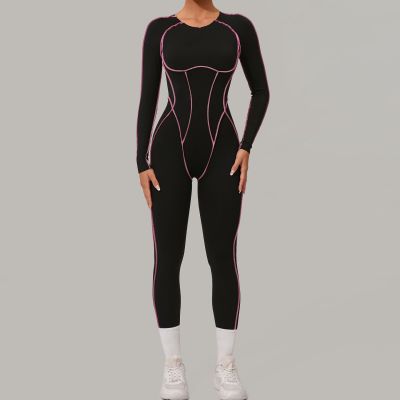 Custom Yoga Jumpsuit | Custom 3D Cut Colorblock Long Sleeve Yoga Jumpsuit Sports Private Label