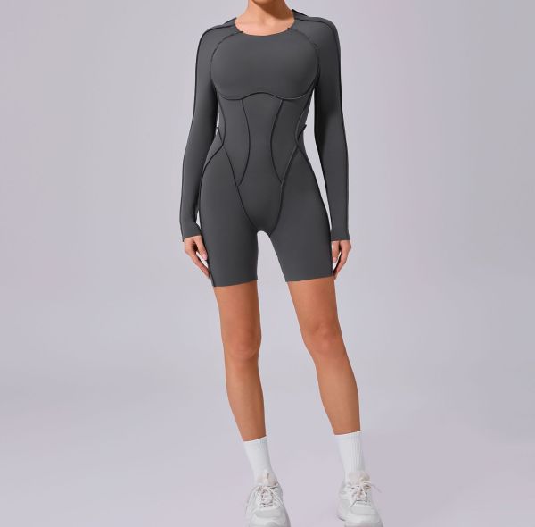 Custom yoga jumpsuit | Wholesale round neck long sleeve stitching jumpsuit factory 3D line