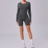 Custom yoga jumpsuit | Wholesale round neck long sleeve stitching jumpsuit factory 3D line