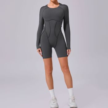 Custom yoga jumpsuit | Wholesale round neck long sleeve stitching jumpsuit factory 3D line