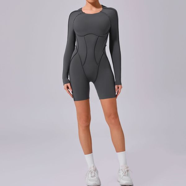 Mono de yoga personalizado | Mono de manga larga con cuello redondo y costuras 3D al por mayor