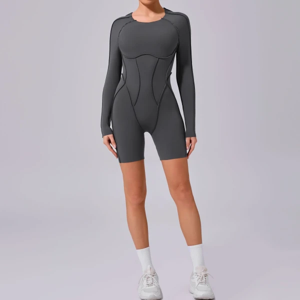 Custom yoga jumpsuit | Wholesale round neck long sleeve stitching jumpsuit factory 3D line