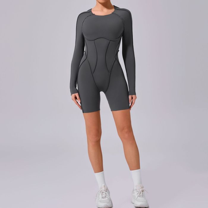 Custom yoga jumpsuit | Wholesale round neck long sleeve stitching jumpsuit factory 3D line