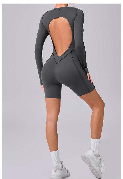 Custom yoga jumpsuit | Wholesale round neck long sleeve stitching jumpsuit factory 3D line