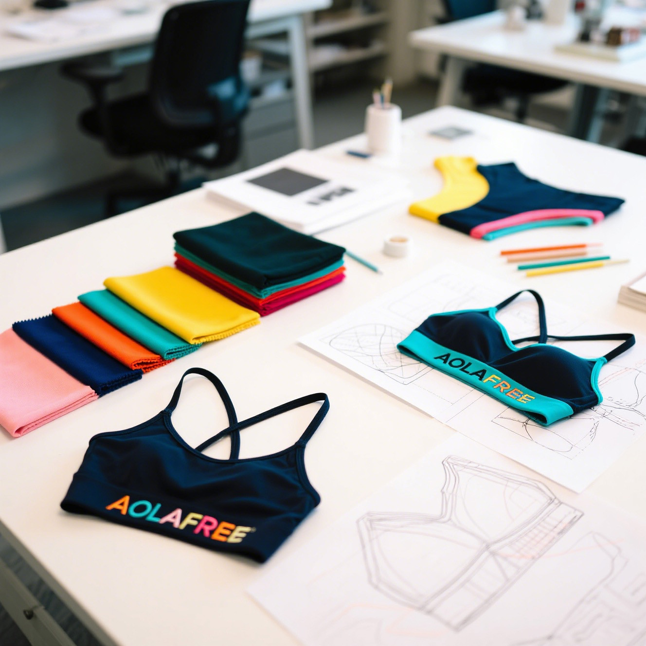 Aolafree’s yoga set design process with fabric swatches