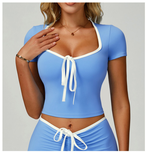 Custom yoga tops |Factory direct sales contrast color hemming V-neck slim fit yoga tops for fitness