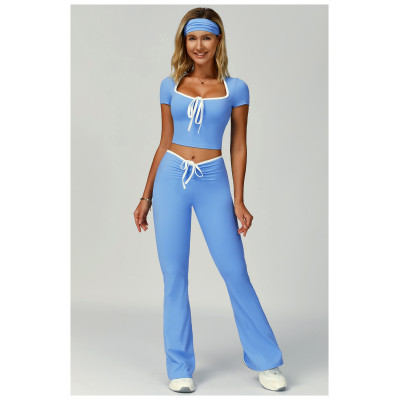 Custom yoga tops |Factory direct sales contrast color hemming V-neck slim fit yoga tops for fitness