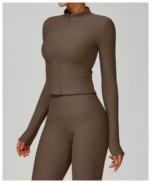 Custom Slim Fit Yoga Jacket | Wholesale Threaded Stand Collar Yoga Jacket Fitness Manufacturer