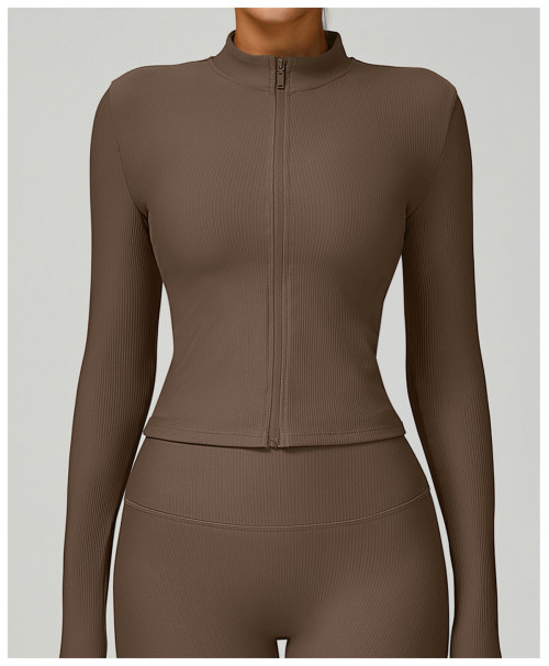 Custom Slim Fit Yoga Jacket | Wholesale Threaded Stand Collar Yoga Jacket Fitness Manufacturer