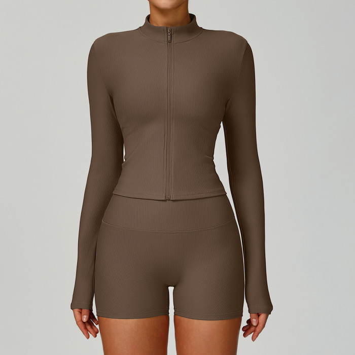 Custom Slim Fit Yoga Jacket | Wholesale Threaded Stand Collar Yoga Jacket Fitness Manufacturer