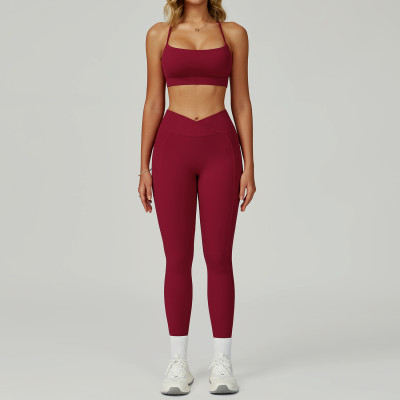 Custom Yoga sets| factory hollowed-out beautiful back yoga sets for high waist tights for fitness