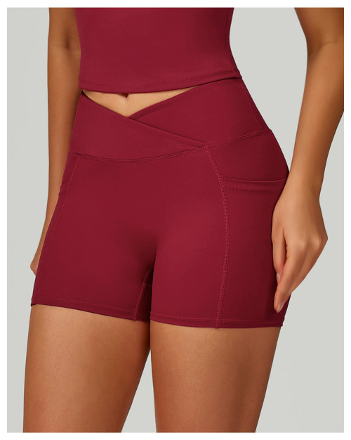 Custom high waist yoga shorts | Factory cross waist tight yoga pants outdoor running cycling