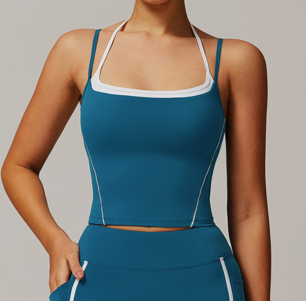 Custom Yoga Vest| Wholesale manufacturer fake two piece halter neck beautiful back yoga vest