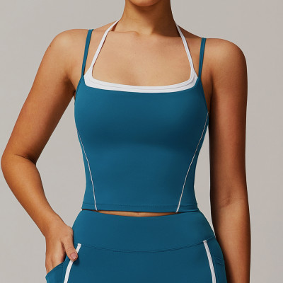 Custom Yoga Vest| Wholesale manufacturer fake two piece halter neck beautiful back yoga vest