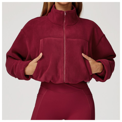 Custom Yoga Jackets |autumn and winter stand collar windproof warm fleece drawstring jacket running
