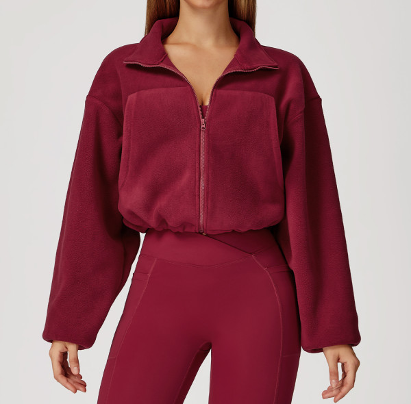 Custom Yoga Jackets |autumn and winter stand collar windproof warm fleece drawstring jacket running