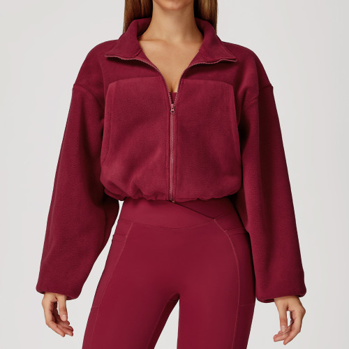 Custom Yoga Jackets |autumn and winter stand collar windproof warm fleece drawstring jacket running