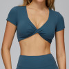 Custom yoga tops | Wholesale gathered yoga short sleeve V-neck hollow back tight top for running