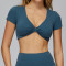 Custom yoga tops | Wholesale gathered yoga short sleeve V-neck hollow back tight top for running