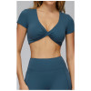 Custom yoga tops | Wholesale gathered yoga short sleeve V-neck hollow back tight top for running