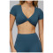Custom yoga tops | Wholesale gathered yoga short sleeve V-neck hollow back tight top for running