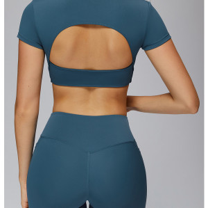 Custom yoga tops | Wholesale gathered yoga short sleeve V-neck hollow back tight top for running