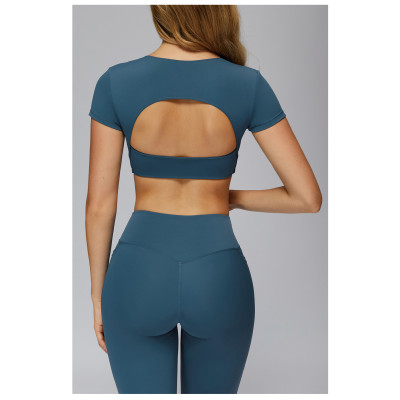 Custom yoga tops | Wholesale gathered yoga short sleeve V-neck hollow back tight top for running