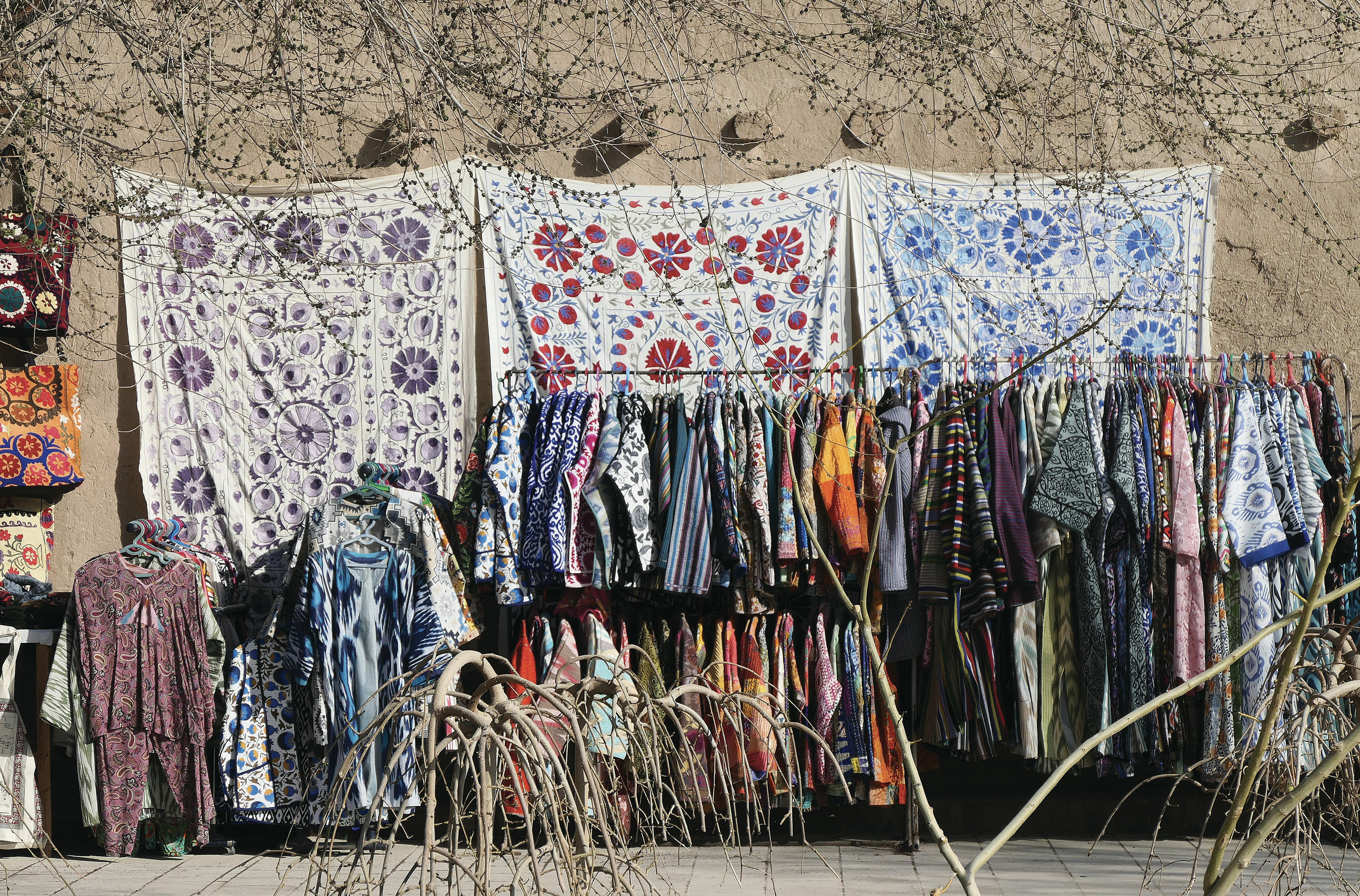 A display of various technical fabrics for horse riding pants