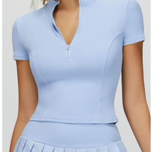 Custom yoga tops | Wholesale Yoga short sleeved stand up collar zipper tight sports top for outdoor