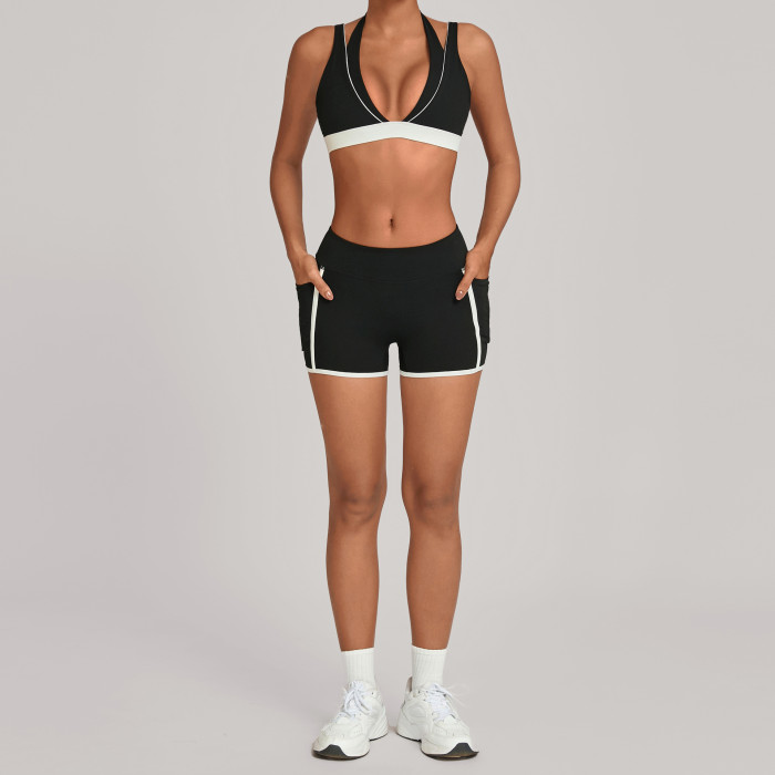 Custom Yoga Sets|Wholesale Color-blocked yoga set with pocket tight-fitting sportswear set for women