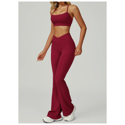 Custom yoga leggings|Wholesale High-waisted flared pants with cross waistband suitable for outdoor