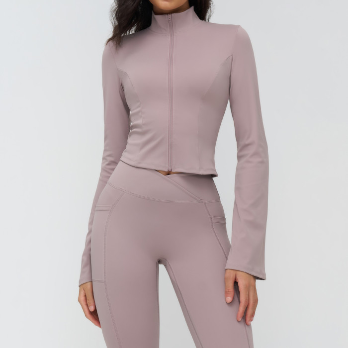 Custom Yoga Jackets | Wholesale Yoga jacket with zipper and flared sleeves for outdoor running