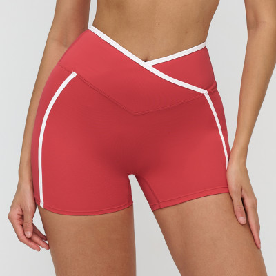 Custom Sports Shorts|Wholesale Color-blocked yoga shorts with crossover waistbands outdoor style