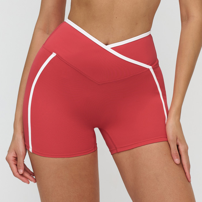 Custom Sports Shorts|Wholesale Color-blocked yoga shorts with crossover waistbands outdoor style