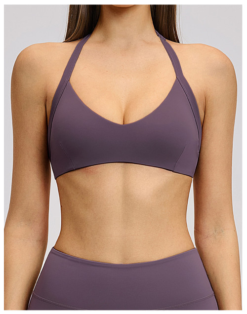 Custom Yoga bra|Wholesale Brushed halter neck sports bra with open back and beautiful yoga underwear
