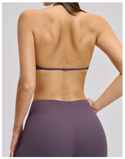 Custom Yoga bra|Wholesale Brushed halter neck sports bra with open back and beautiful yoga underwear