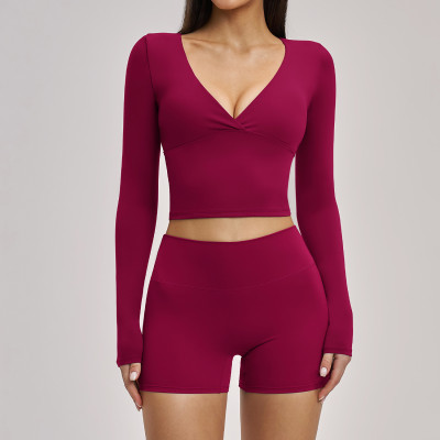 Custom Yoga Sets|Wholesale Long-sleeved sports running halter neck fitness set with brushed back