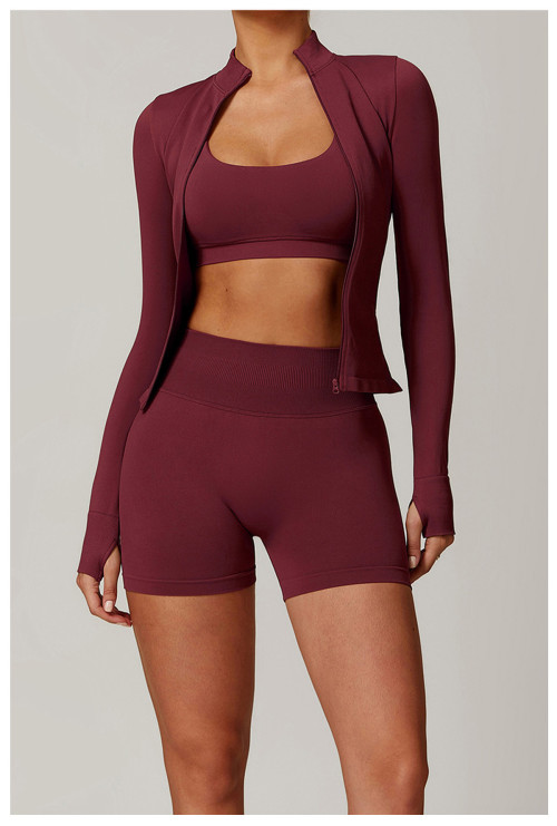 Custom Yoga Sets|Wholesale Seamless stand-up collar zipper yoga set windproof slim fit and warm top