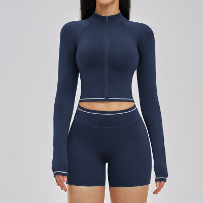 Custom Yoga Sets|Wholesale Color-blocked yoga Sets stand-up collar windproof zip-up jacket fitness