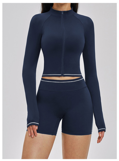 Custom Yoga Sets|Wholesale Color-blocked yoga Sets stand-up collar windproof zip-up jacket fitness