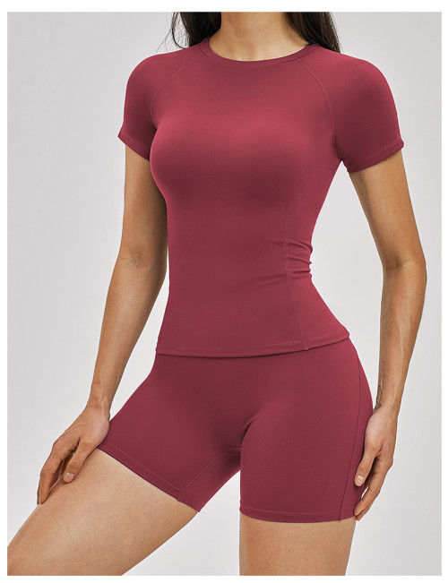 Custom Yoga Sets|Wholesale Brushed short-sleeved tracksuit for women, suitable for yoga and fitness