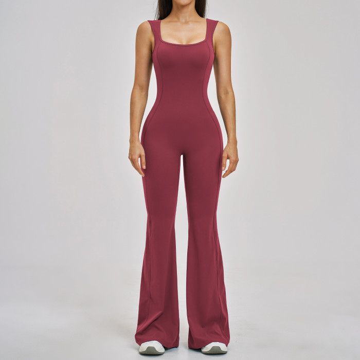 Custom jumpsuits|Wholesale Yoga backless bodysuit with a slight flare slimming one-piece yoga outfit