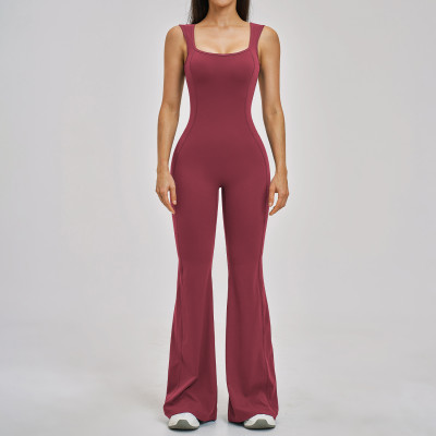 Custom jumpsuits|Wholesale Yoga backless bodysuit with a slight flare slimming one-piece yoga outfit