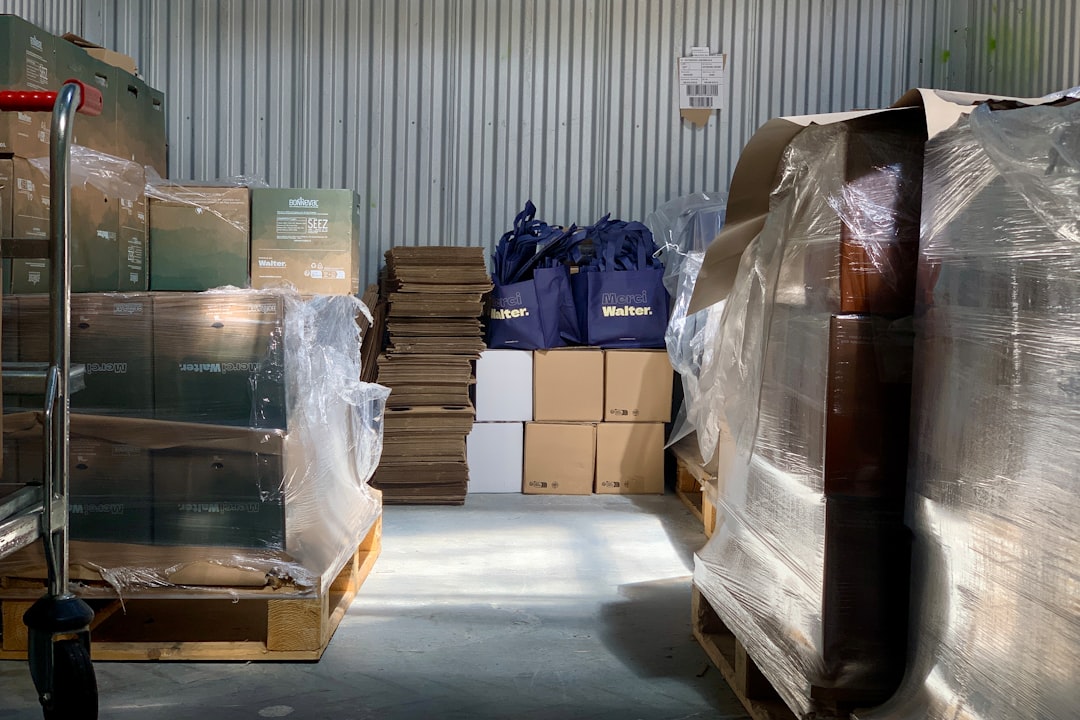 Warehouse with packed apparel boxes for global distribution