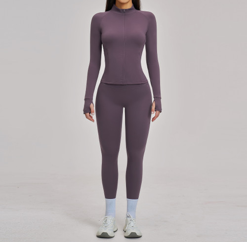 Custom Yoga Sets|Wholesale Zippered casual yoga set for women, brushed finish, for outdoor cycling