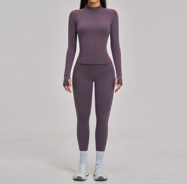 Custom Yoga Sets|Wholesale Zippered casual yoga set for women, brushed finish, for outdoor cycling