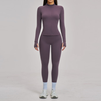 Custom Yoga Sets|Wholesale Zippered casual yoga set for women, brushed finish, for outdoor cycling