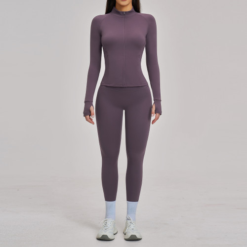 Custom Yoga Sets|Wholesale Zippered casual yoga set for women, brushed finish, for outdoor cycling