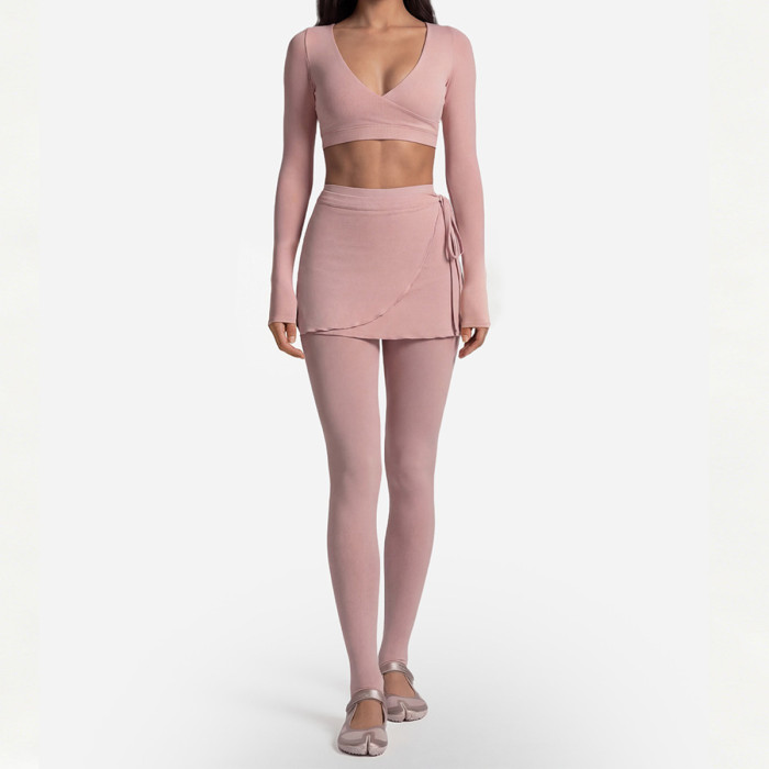 Custom Yoga Sets|Wholesale Long-sleeved gym outfit with front crossover style ballet style