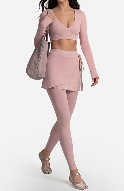 Custom Yoga Sets|Wholesale Long-sleeved gym outfit with front crossover style ballet style
